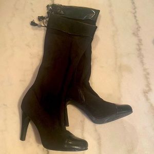 BCBG- Black suede w/ patent leather trim on toe and top of boot